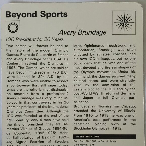 1977 SPORTSCASTER CARD BEYOND SPORTS AVERY BRUNDAGE - Picture 3 of 4